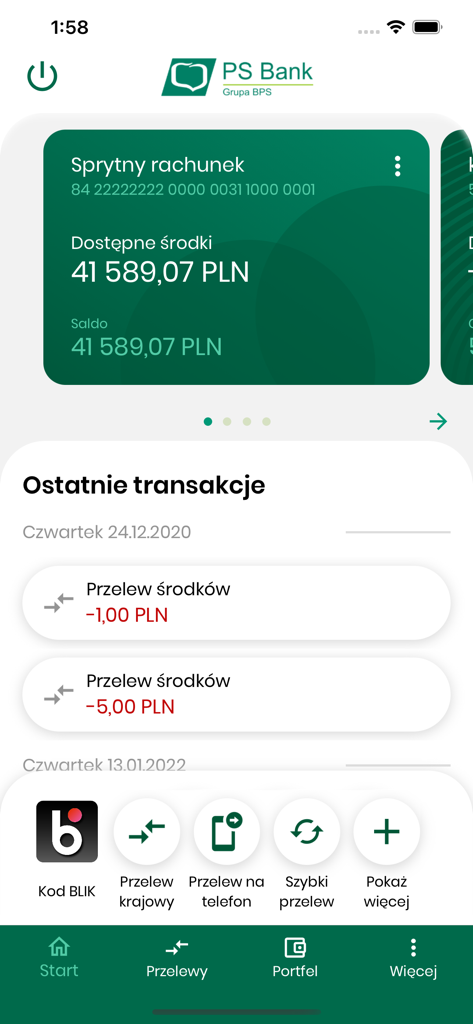 PSBank.pl - PSBankモバイルバンキングアプリケーションのダッシュボード。PLNでの口座残高と最近の取引が表示されます。