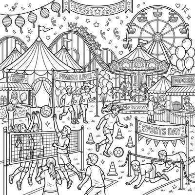 Experience the thrill of a Sports Day combined with the magic of a carnival in this exciting coloring page. Watch as young athletes compete amidst lively fair rides and delicious treats, all waiting for your creative touch.