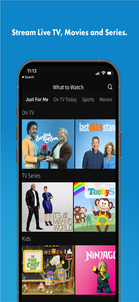 Hub TV App mobile interface displaying categories for live TV movies and kids shows