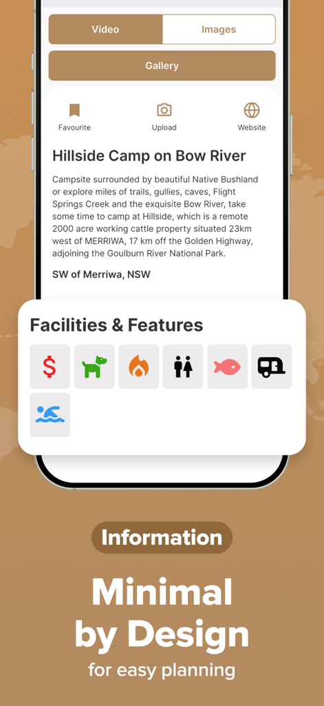 Detailed campsite information page in the TerrainOne app featuring facility icons and location description