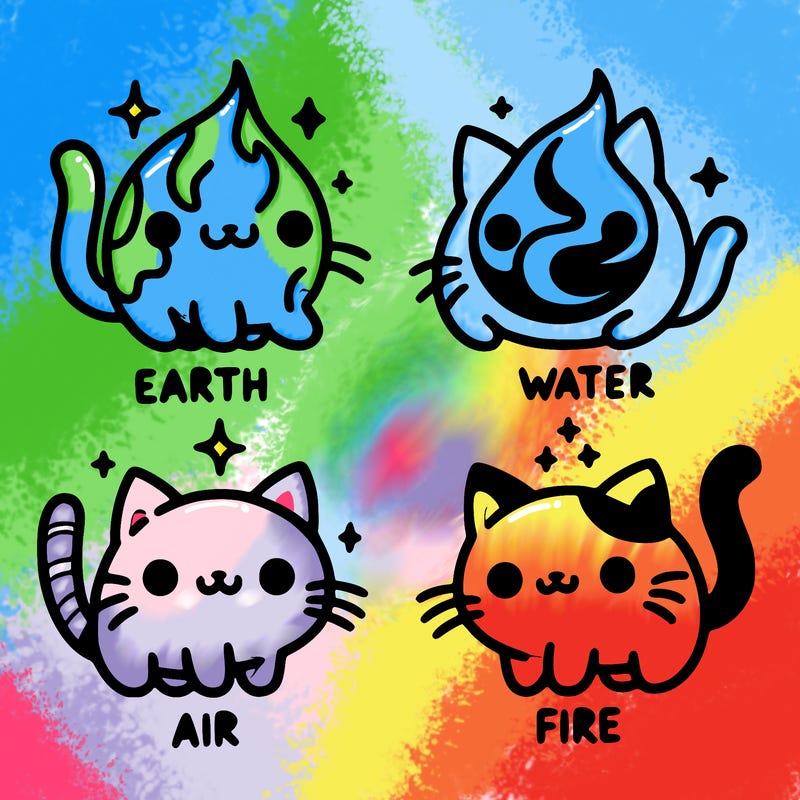 4 cats that represent the different elements, earth, water, air, and fire