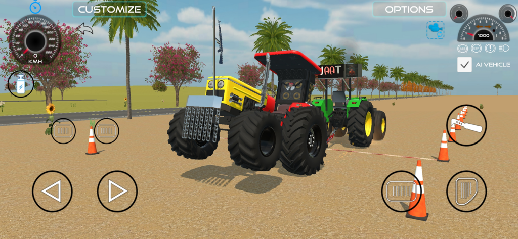 Jugabilidad de Indian Vehicle Simulator 3D mostrando un mod de tira y afloja de tractor tochan