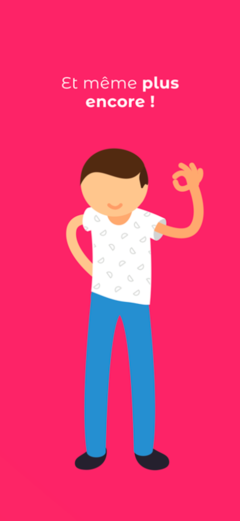 A friendly cartoon man making an OK sign on a bright pink background in the MyPCS app.