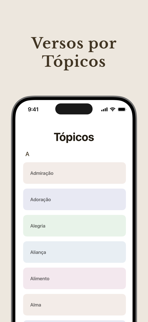Versículo do Dia - Biblinho - Interfaz de la aplicación Biblinho mostrando una lista de temas bíblicos como alegría, adoración y alianza en un iPhone.