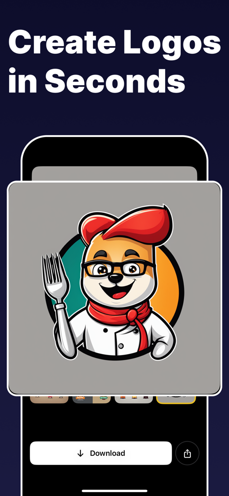 漫画の犬のシェフのマスコットのAI生成ロゴが、ダウンロードボタン付きのスマートフォンの画面に表示されている。