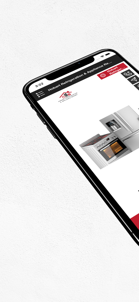Écran d'iPhone montrant l'application de service de réparation de réfrigérateurs et d'appareils électroménagers de Hobart avec des images de réfrigérateur et de cuisinière