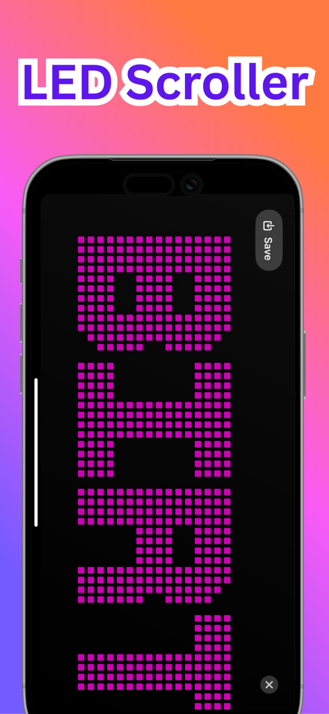 LED Banner App. - A smartphone screen displaying a vertical scrolling message in purple LED dots from the LED Scroller app