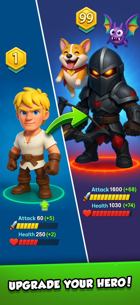 Magic Archer: Fantasy RPG Game - Comparaison côte à côte d'un personnage de départ niveau 1 et d'un héros entièrement amélioré niveau 99 en armure avec des familiers