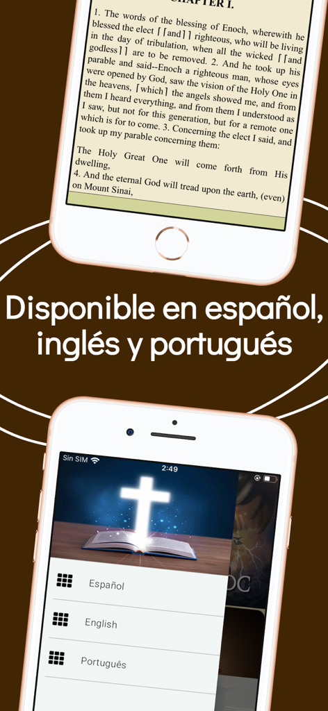 El Libro de Enoc y Biblia - Interfaz de la aplicación móvil mostrando el texto del Libro de Enoc en inglés y un menú de selección de idiomas para español, inglés y portugués.