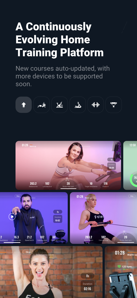 FED Fitness app interface displaying various home workout courses and equipment icons