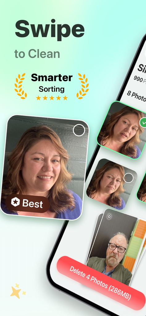 SwipeClean: Storage Cleanup - SwipeClean-App-Oberfläche, die die intelligentere Sortierfunktion zur Identifizierung und Löschung doppelter Fotos zeigt.