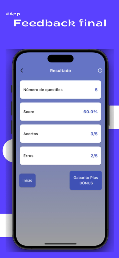 Português Concursos - Pantalla de retroalimentación final de la app Portugues Concursos que muestra los resultados y la puntuación del cuestionario.
