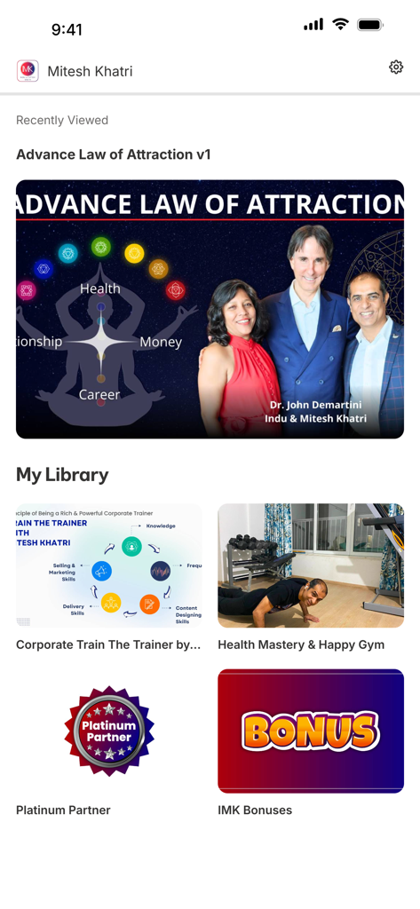 Mitesh Khatri - Dashboard of the Mitesh Khatri app showing a library of personal development and success courses