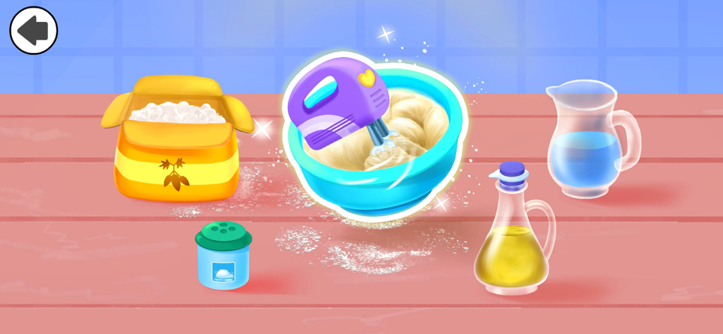 Pizza Maker Games for Kids 2-4 - 青いボウルで生地を混ぜている紫色のハンドミキサーと、その近くにある小麦粉、油、水を示すカラフルなシーン。