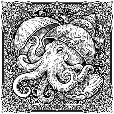 Explore the intriguing world of our Gothic Coconut Octopus coloring page, where ornate Victorian elegance meets fascinating marine life. This detailed design invites you to add your unique touch to a truly mysterious scene.