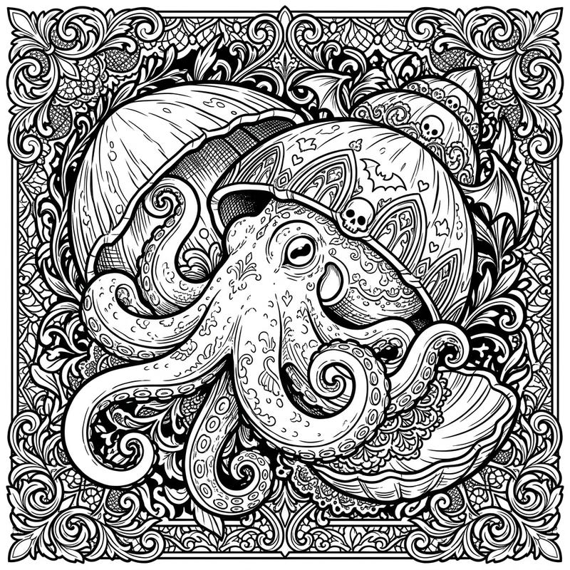 Explore the intriguing world of our Gothic Coconut Octopus coloring page, where ornate Victorian elegance meets fascinating marine life. This detailed design invites you to add your unique touch to a truly mysterious scene.