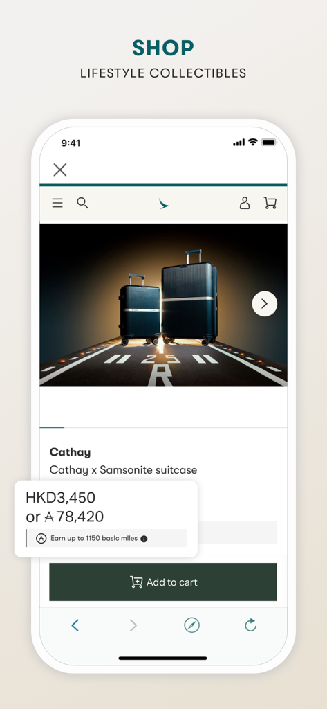 Asia Miles - The Asia Miles app shop interface featuring a Cathay and Samsonite suitcase available for purchase with cash or miles.