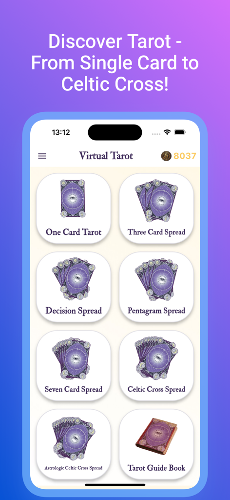 Interfaz de la aplicación Virtual Tarot que muestra varias opciones de tirada de cartas como Una Carta, Tres Cartas y Cruz Celta.