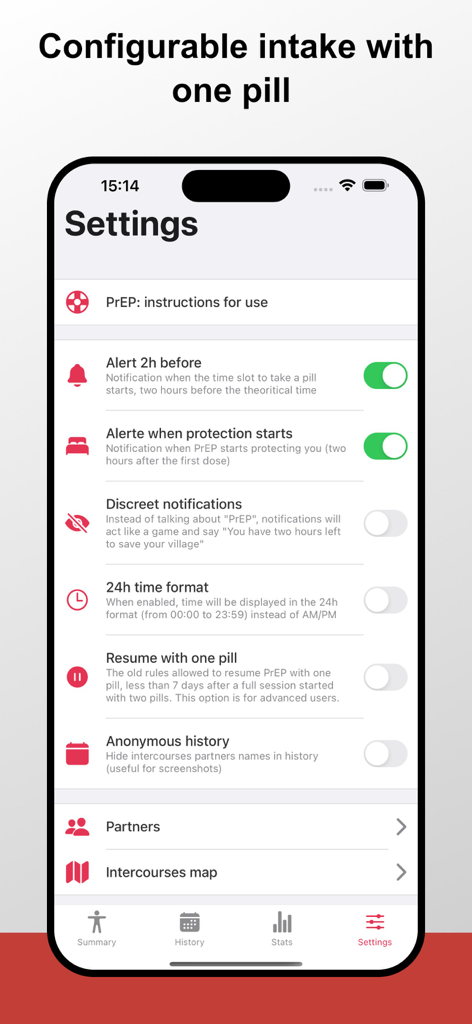 Settings screen of the My PrEP app showing notification and privacy configuration options.