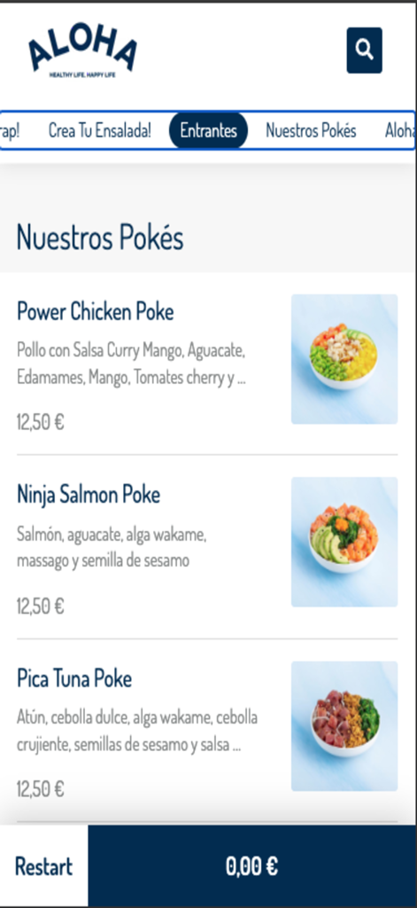 Menú de la aplicación móvil Aloha Poke que muestra varias opciones de bol de poké con descripciones y precios