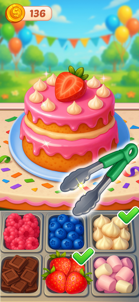 Cooking Chaos Cooking Games - Un pastel rosa de dos pisos decorado con glaseado y fresas en un colorido entorno de repostería al aire libre.