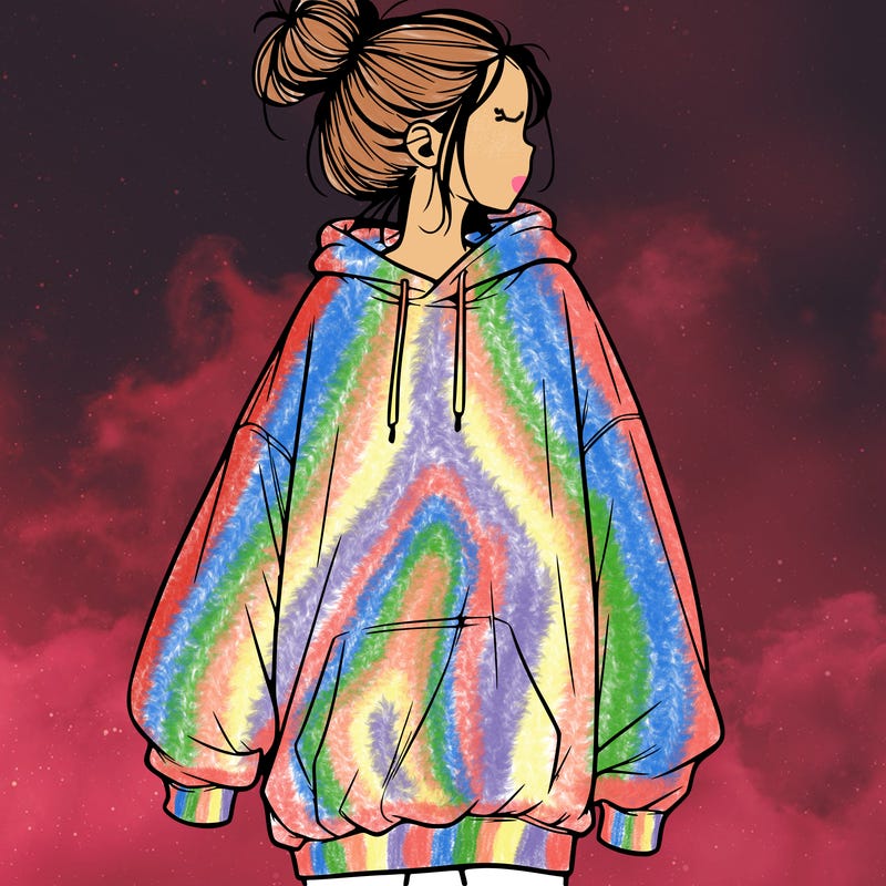 realistic girl with a oversized sweatshirt on and a bun