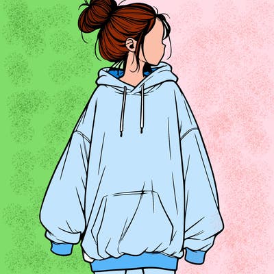 realistic girl with a oversized sweatshirt on and a bun