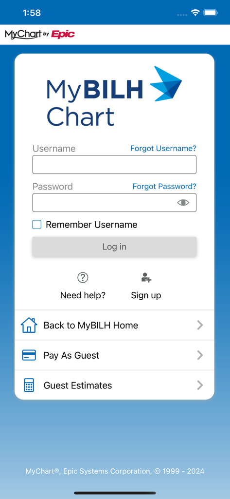 MyBILH Chart login screen with username and password input fields