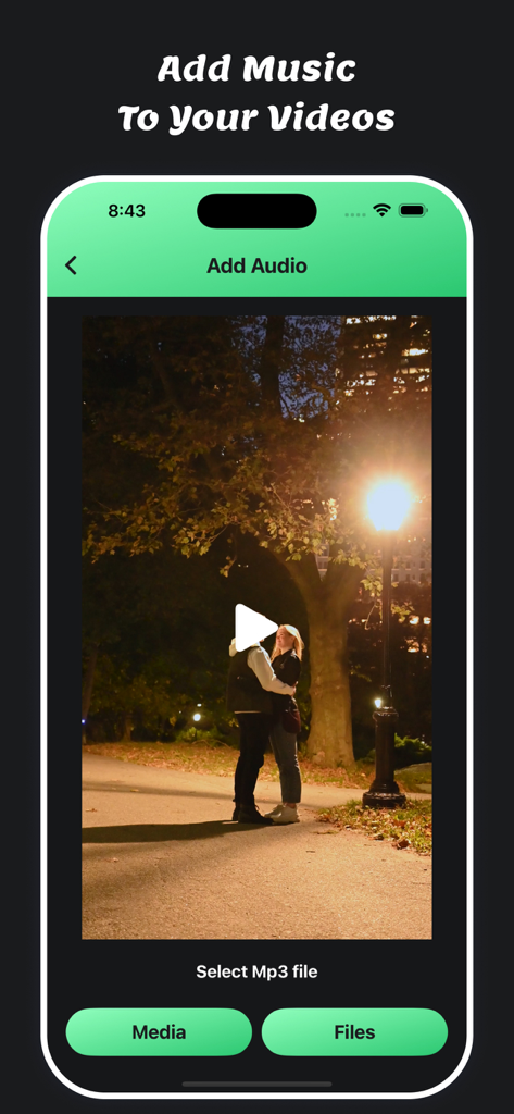 Mute Video : Remove Sounds - iPhone-Oberfläche der Mute Video App, die die Funktion 'Audio hinzufügen' mit Schaltflächen zur Auswahl von Dateien zeigt
