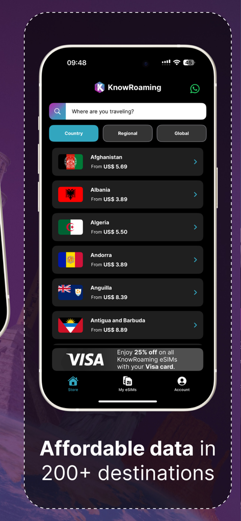 KnowRoaming Travel eSIMs - KnowRoaming app interface showing affordable international data plans for countries like Afghanistan and Albania starting from under six dollars.
