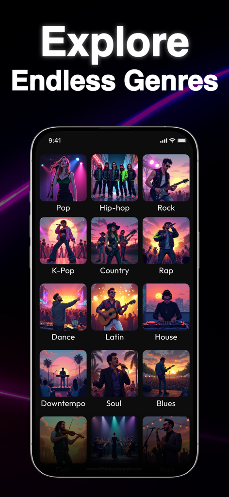 Beatron: AI Music Maker - Beatron app interface showing a diverse grid of music genres like Pop, Hip-hop, and Rock with atmospheric visual cards.