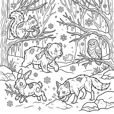 Step into a delightfully eerie coloring adventure with our Zombie Animals in a Winter Wonderland page. Bring to life a spooky squirrel, bear, fox, owl, and rabbit amidst a frosty, snow-covered landscape.
