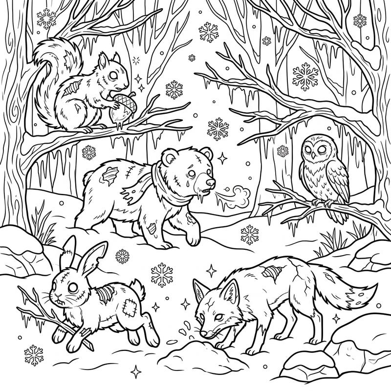 Step into a delightfully eerie coloring adventure with our Zombie Animals in a Winter Wonderland page. Bring to life a spooky squirrel, bear, fox, owl, and rabbit amidst a frosty, snow-covered landscape.