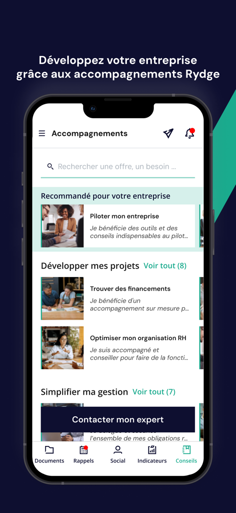 RYDGE Conseil app interface displaying business support services and consulting options