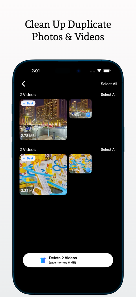 Photo Gallery - Media Manager - Interfaz de la aplicación Galería de Fotos para eliminar videos duplicados y ahorrar espacio de almacenamiento del teléfono.