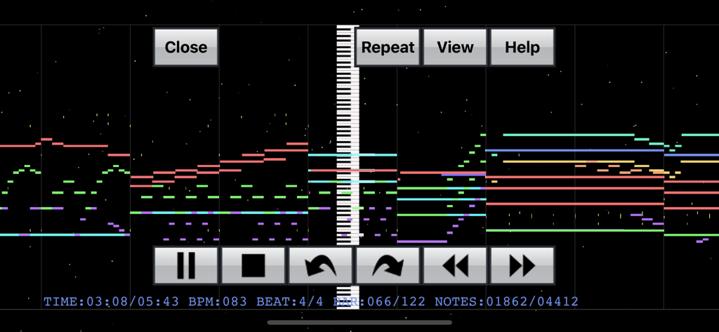 MIDITrail - MIDITrail interface showing colorful MIDI note trails and playback controls