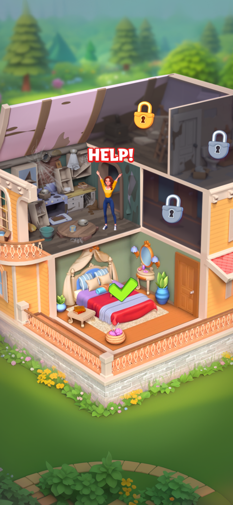 Un personaje en una habitación desordenada pidiendo ayuda junto a un dormitorio renovado en Merge Hotel Empire