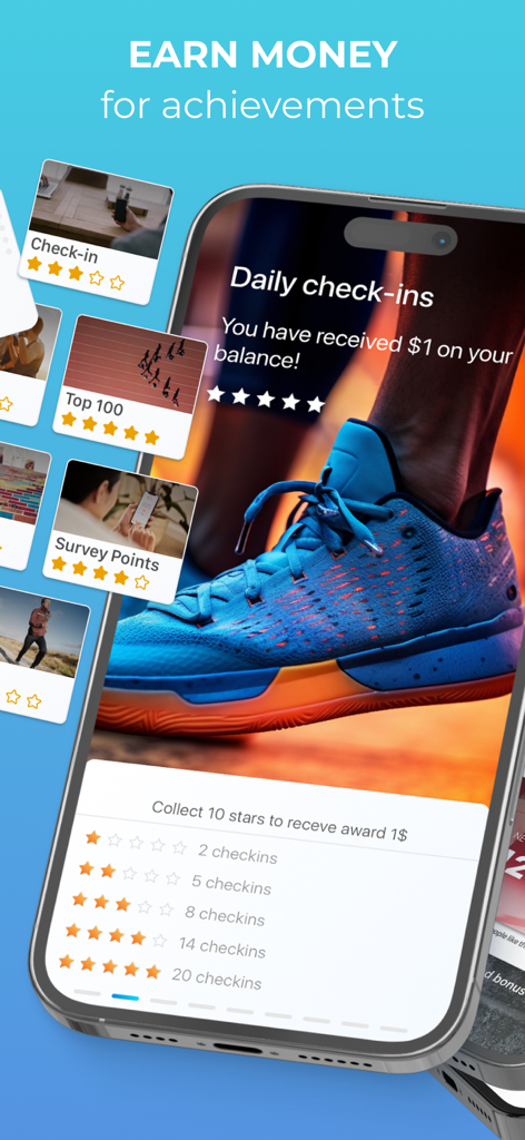 App interface for Cash for Steps showing daily check-in rewards and earning money for achievements.