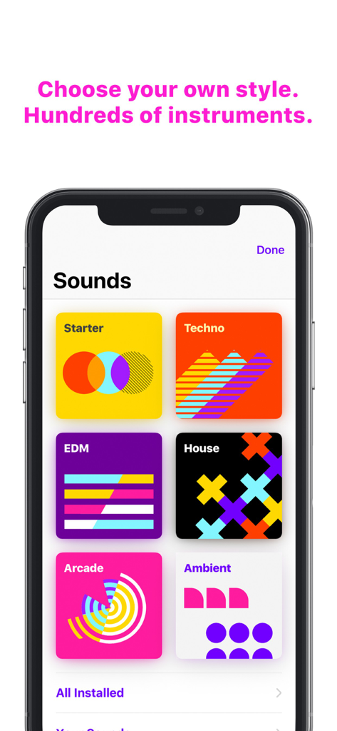 Beatwaveモバイルアプリの画面。様々な音楽サウンドパックや楽器が表示されている