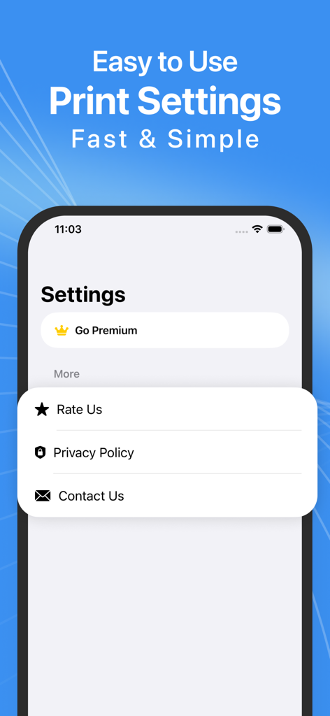 Smart Printer : Instaprint App - Smart Printer app settings screen with premium upgrade option