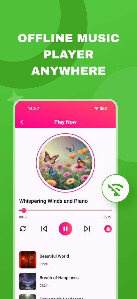 MeloZen: Vibe Your Music - Interface de l'application MeloZen montrant le lecteur de musique hors ligne avec une piste de piano relaxante en cours de lecture