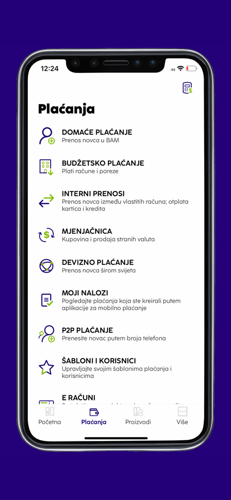 Payments menu screen of the NLB mKlik novi mobile banking app showing various transaction options like domestic and international transfers