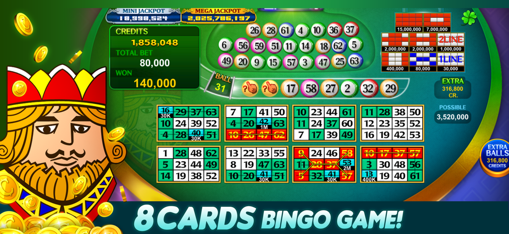 Luck'e Bingo : Video Bingo - Gameplay screen of Luck e Bingo showing eight bingo cards and mega jackpot counters