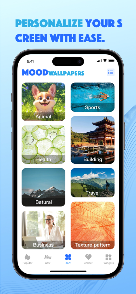 Mood Wallpapers - Interface do aplicativo Papéis de Parede de Humor exibindo categorias de papel de parede para personalização do telefone