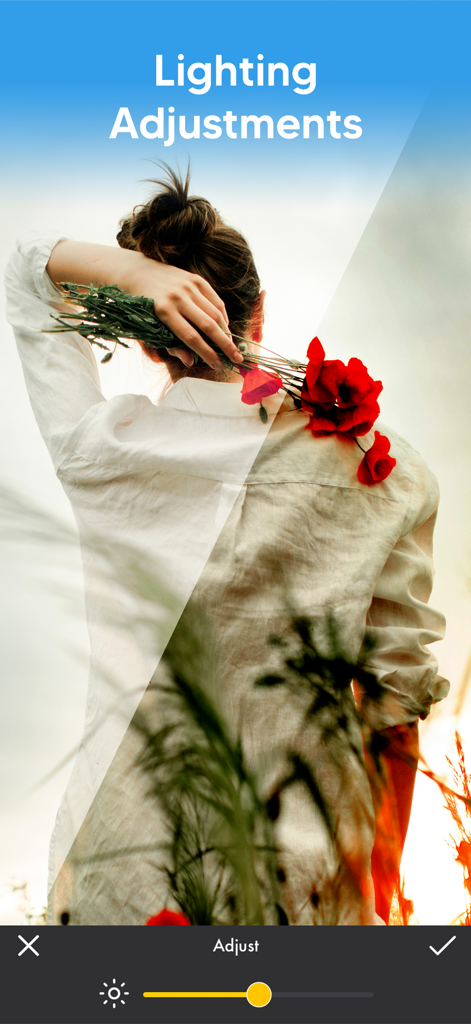 Photo Video Maker - With Song - User interface for adjusting photo brightness and lighting in the video maker app