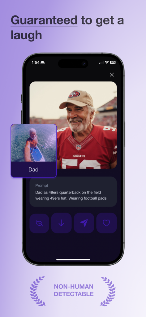 Real Photo AI App-Oberfläche, die ein realistisches KI-generiertes Bild eines Mannes als Footballspieler für sozialen Spaß zeigt.