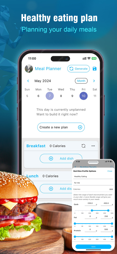 Meal Planner – Eating well - Uma interface de aplicativo móvel para planejamento de refeições com visualização de calendário e metas nutricionais personalizáveis para carboidratos, gorduras e proteínas
