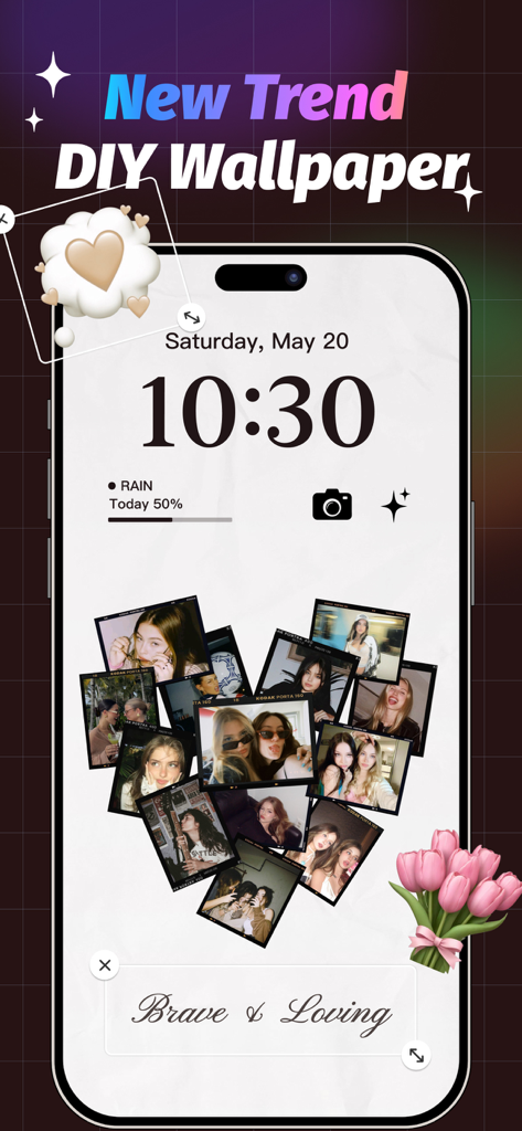Aesthetic DIY wallpaper with a photo collage and stickers for an iPhone lock screen