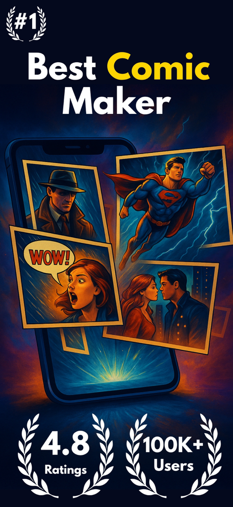 Comic Book Maker - iCartoon - iCartoon Comic Book Maker app showing high ratings and various comic character panels.