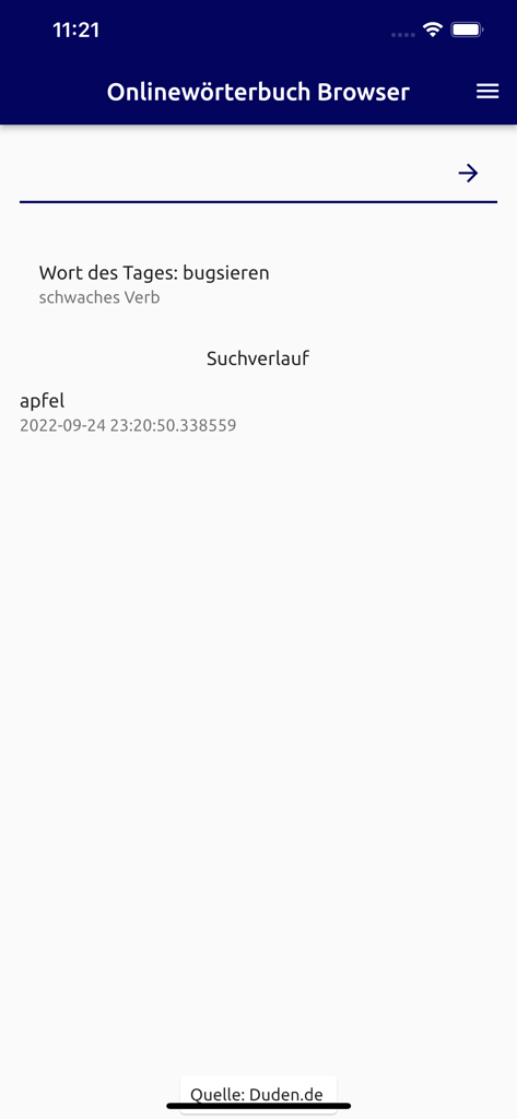 Search screen of the German dictionary app showing the word of the day and search history